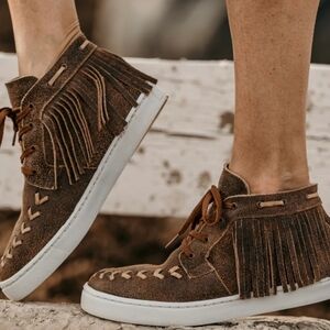 Agave Sky Leather Fringe Unique Stitch Sneakers Handmade WesternCore Streetwear